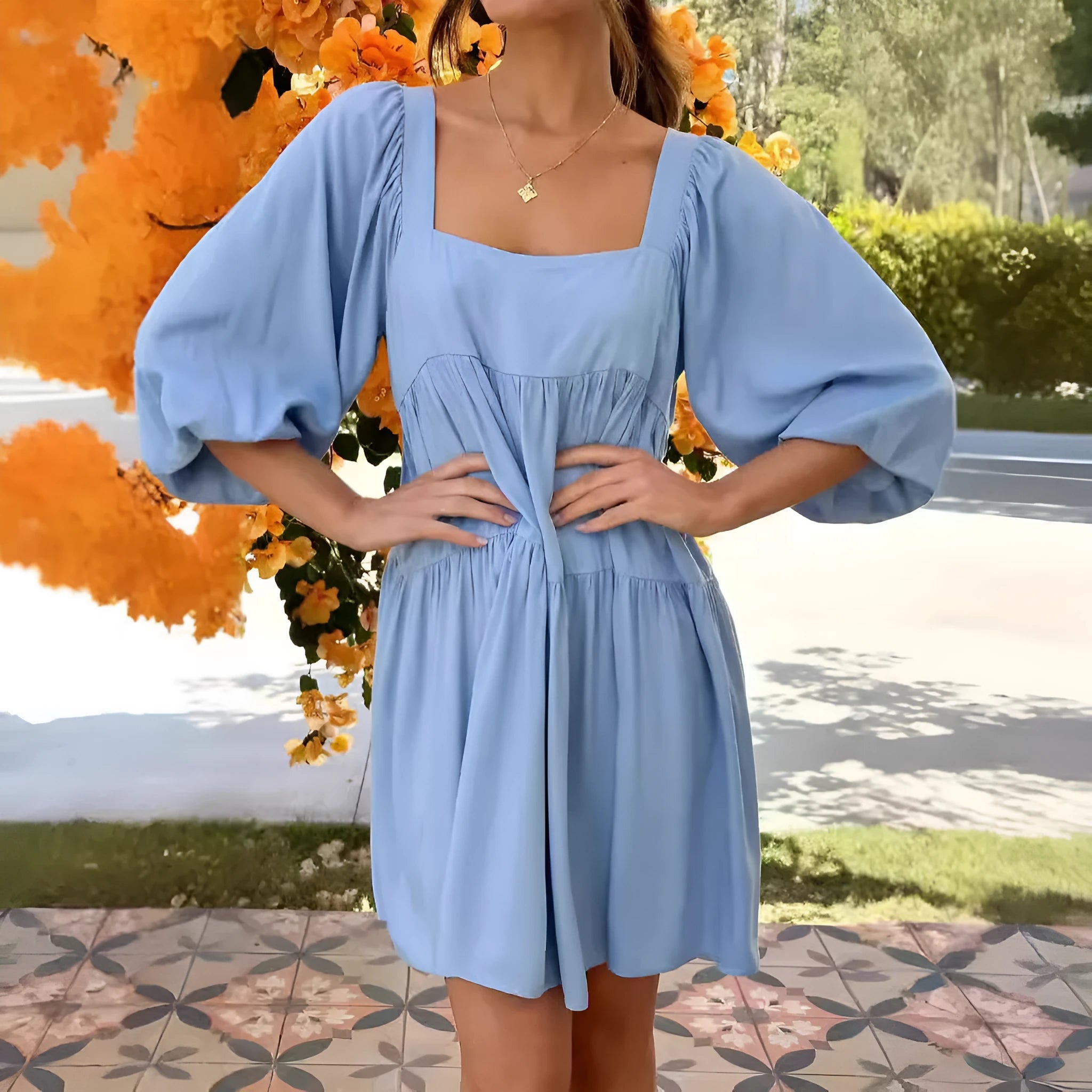 Children's solid colour pullover dress with square collar, puff sleeves, backless design, and A-line skirt.