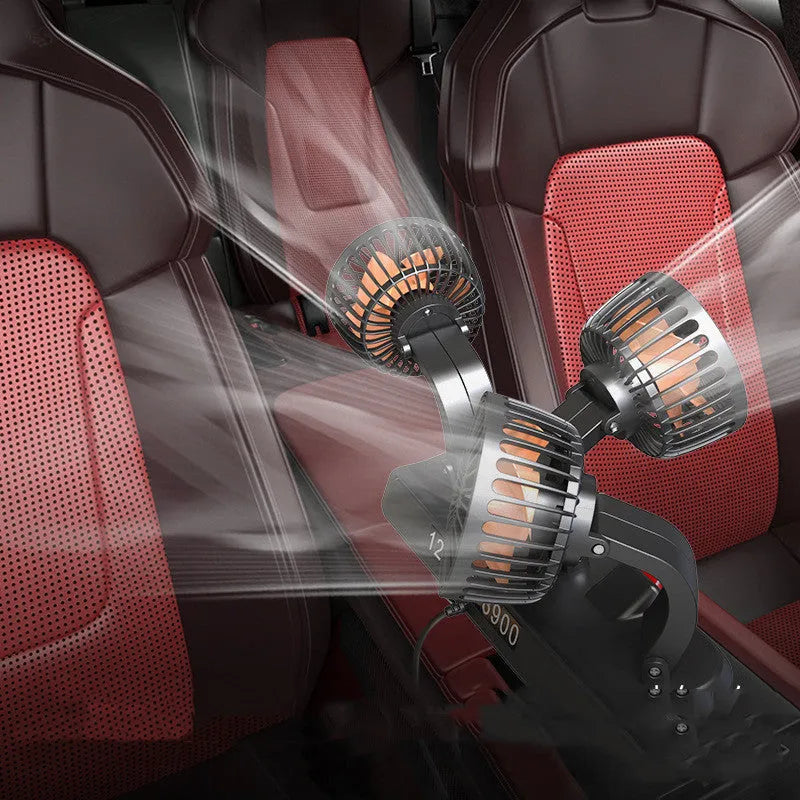 Three-head 12V automotive cooling fan with adjustable heads and cigarette lighter connector