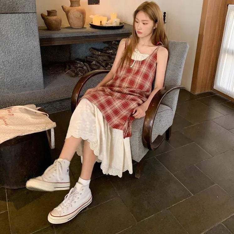 Loose patchwork plaid spaghetti strap sleeveless dress in blue for women