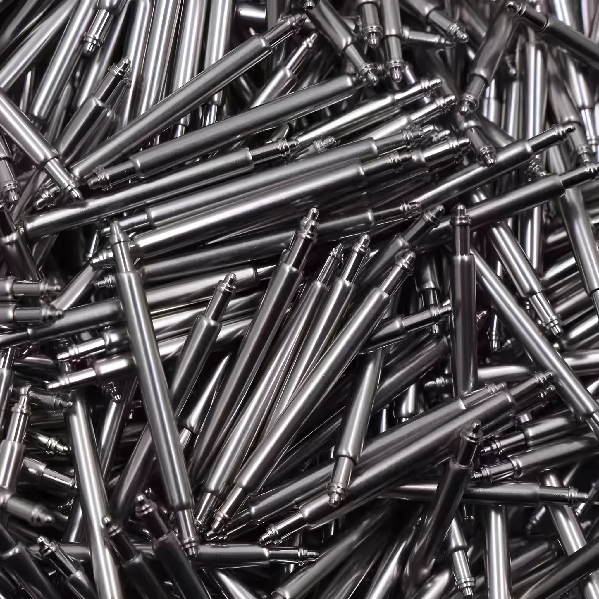 Assortment of watch repair parts including bolts, auricular needles, and spring shafts on a watchmaker's mat.