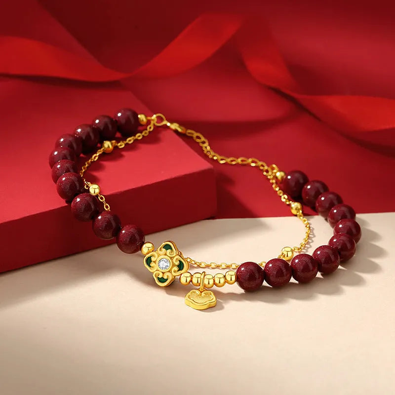 Sterling silver bracelet with Ruyi Xiangyun cinnabar flower design for women