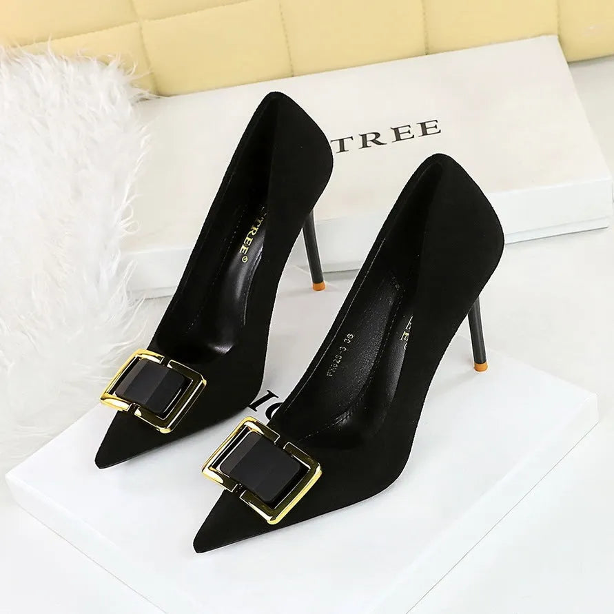 Black suede women's stiletto heels with a 9cm high heel and open toe design.