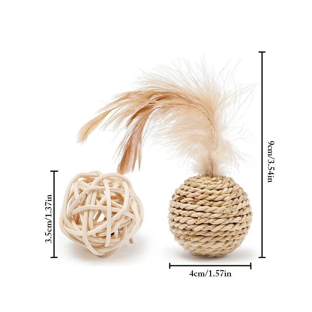Two cat toys: hollow rattan ball and faux feather ball with bell for interactive kitten play