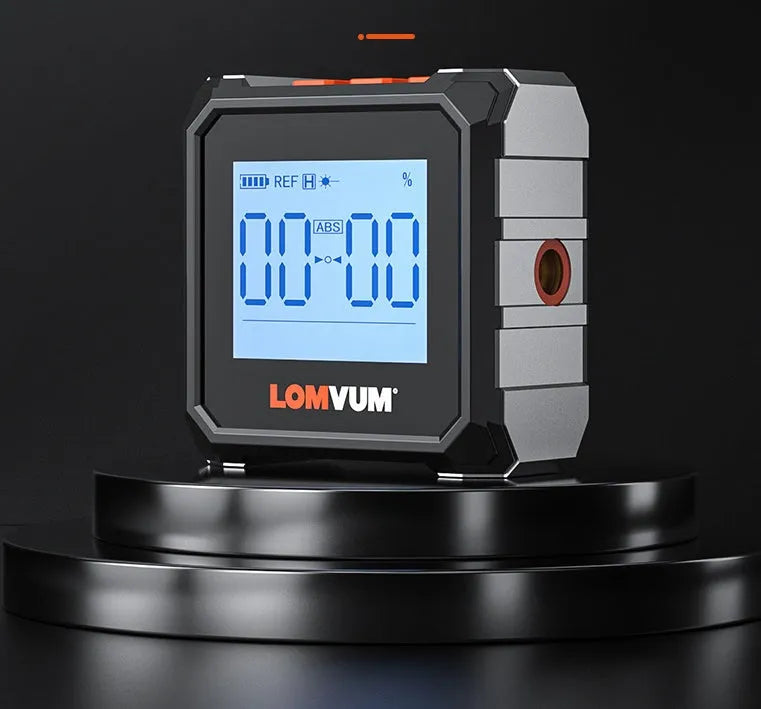 Digital laser infrared woodworking steel tape measure inclinometer with alloy casing on a workbench.