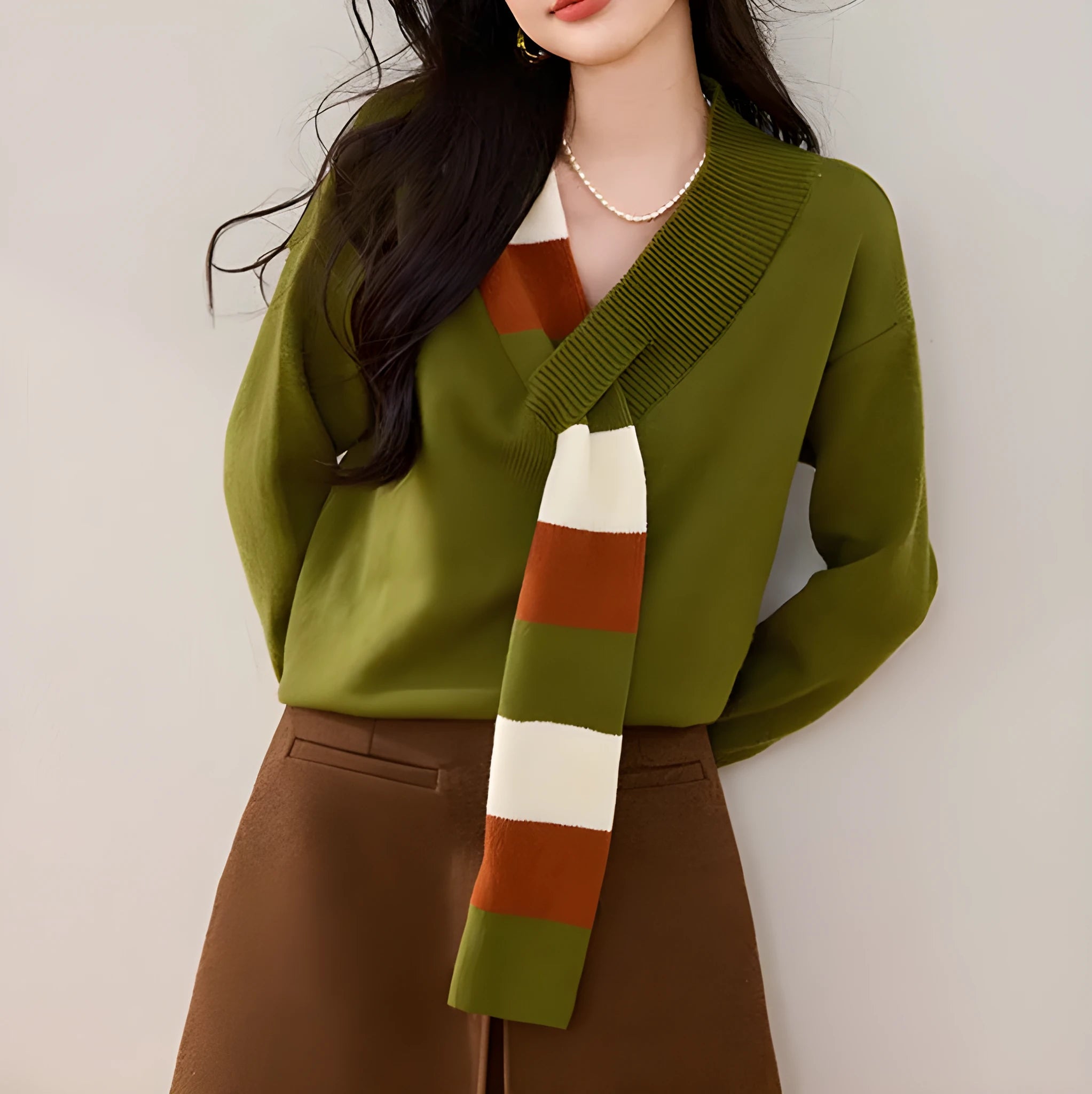 Niche women's striped V-neck fake two-piece pullover sweater in green and red colours, loose fit knit top