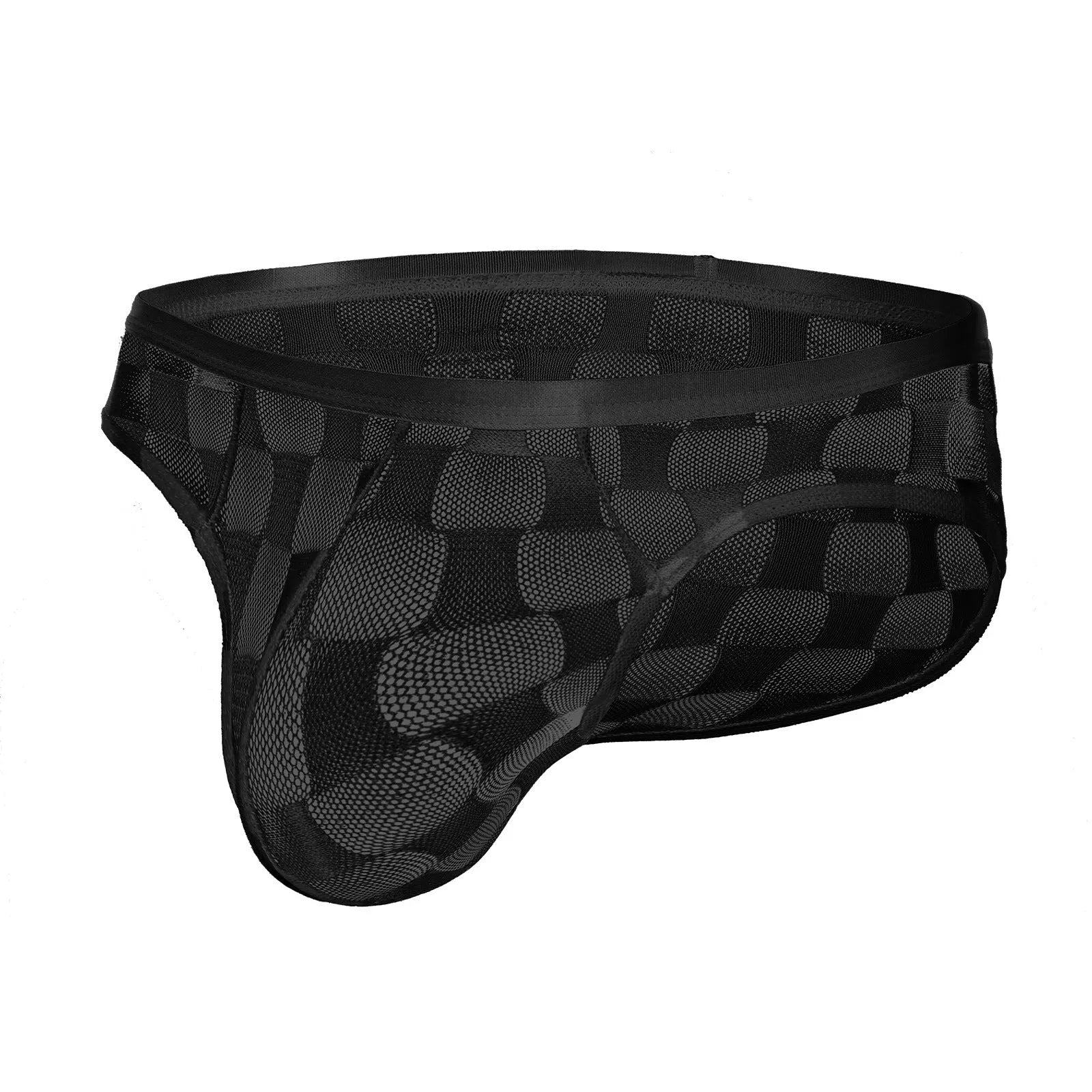 Men's black U-convex plaid mesh underpants showing breathable nylon lace fabric construction