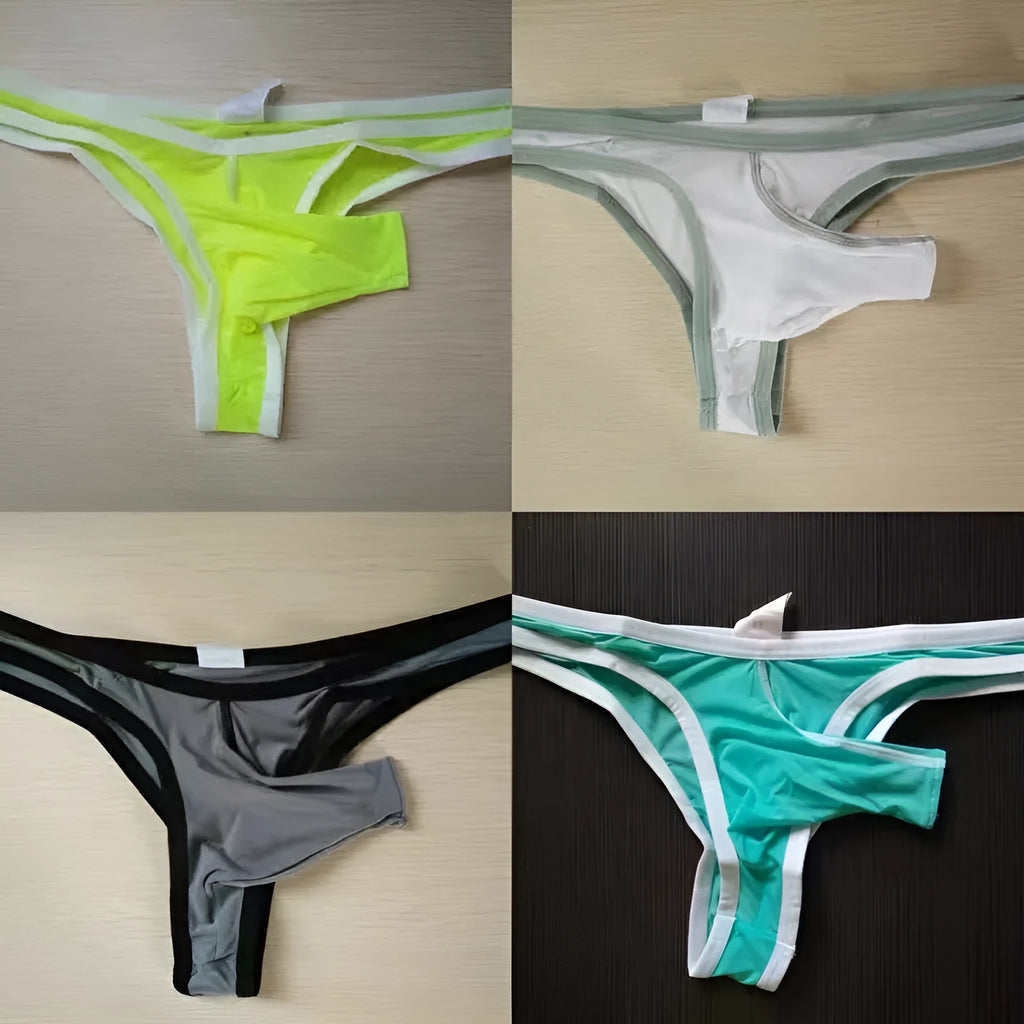 Men's ice silk briefs in army green colour showing elephant nose design on white background.