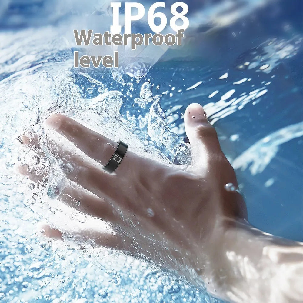 Black ceramic smart ring for health monitoring on a finger.