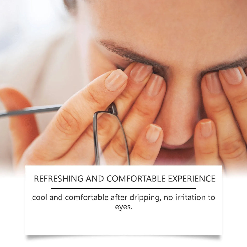 Bottle of moisturising eye drops with mint leaf and sodium hyaluronate for soothing dry eyes.