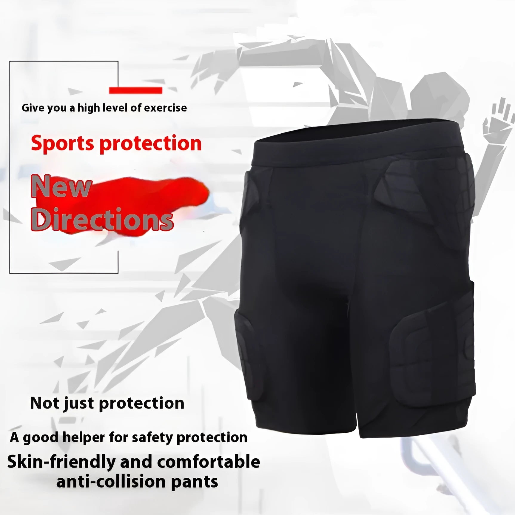 Black anti-collision sports pants with waist padding for basketball and rugby, adult size