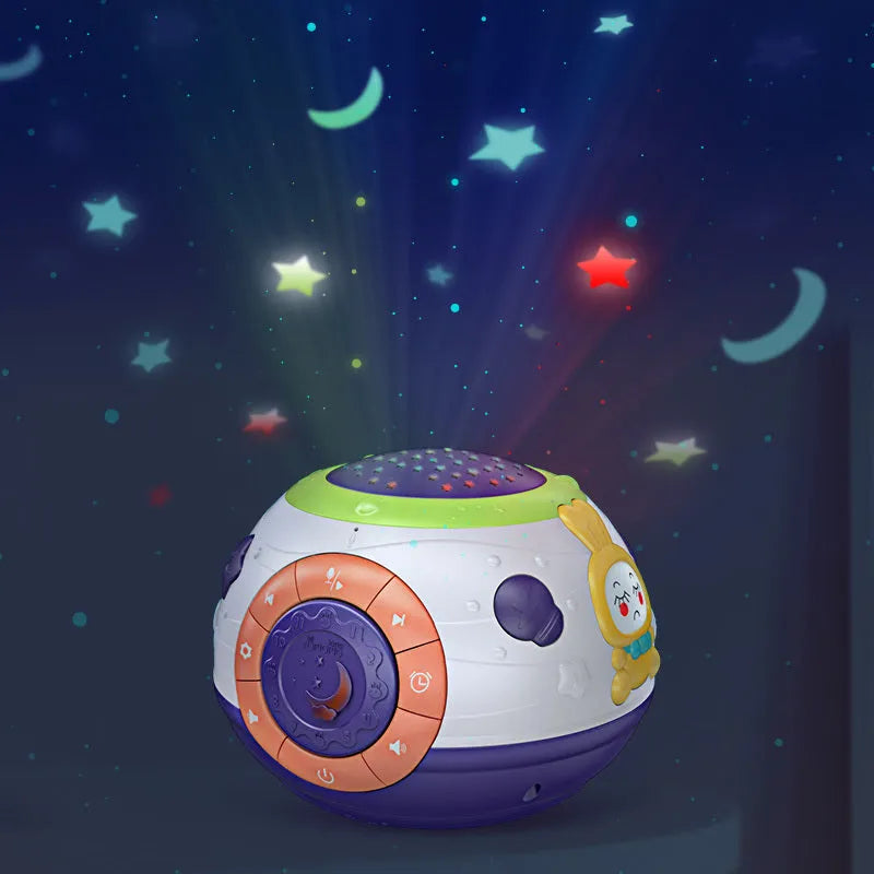 White plastic starry sky night light projector for children with control button on top.