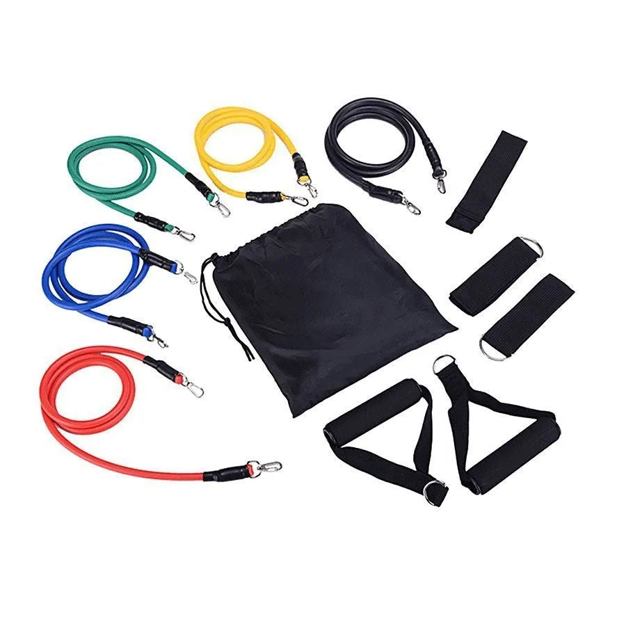Door-mounted fitness pulling rope with ABS hook, part of an 11-piece sports set in packaging.