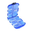 Black plastic fishing tackle box with 10 internal compartments for small hooks and gear.