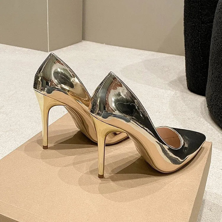 Gold and silver women's pointed toe slip-on stiletto heels with 8cm and 10cm heel height options.
