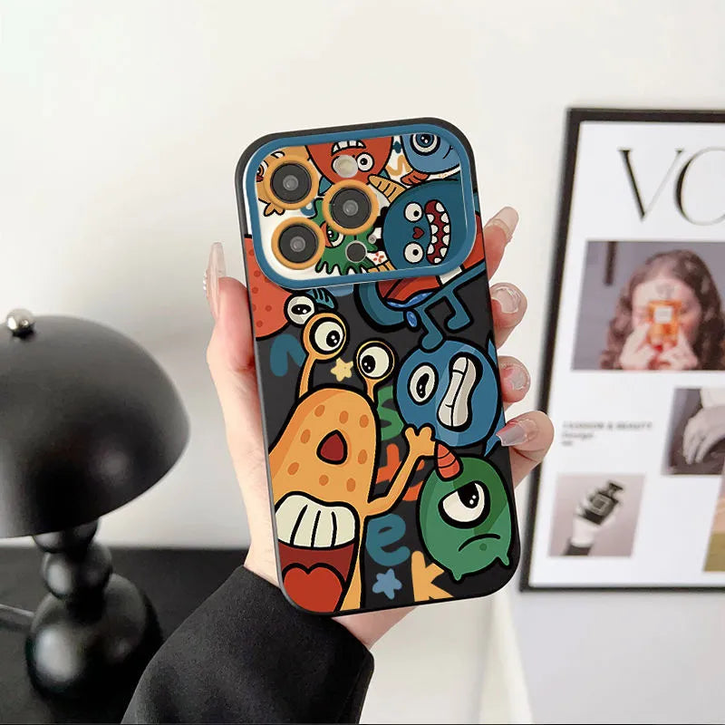 Cartoon little monster silicone phone case with mirror finish in orange colour for iPhone 14