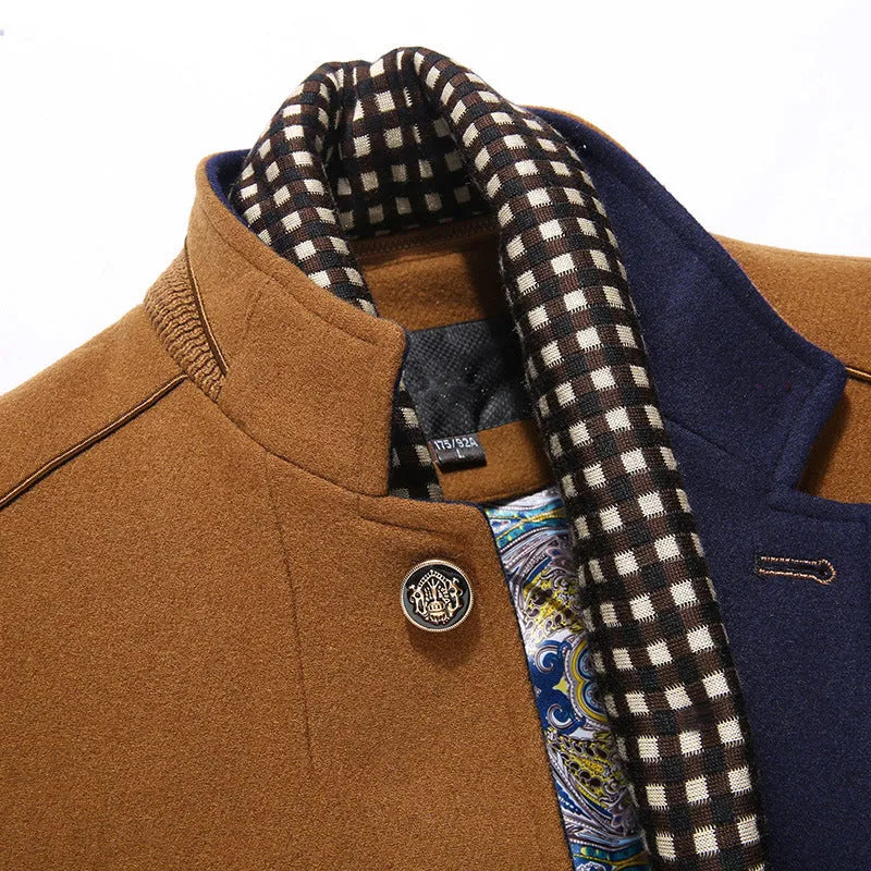 Men's khaki woollen overcoat with double collar and patch pockets