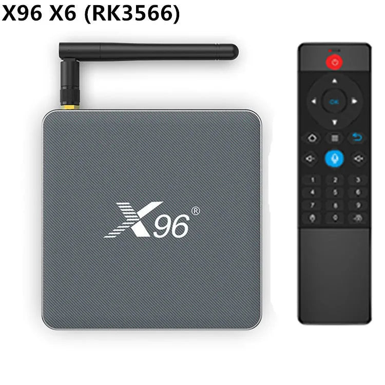 Android Smart Voice Set-top Box with remote, HDMI cable, and power adapter on a table.