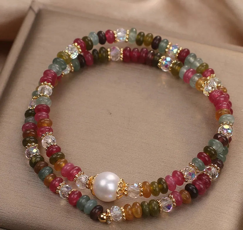 Natural stone tourmaline beaded crystal bracelet for women ethnic style adjustable jewellery