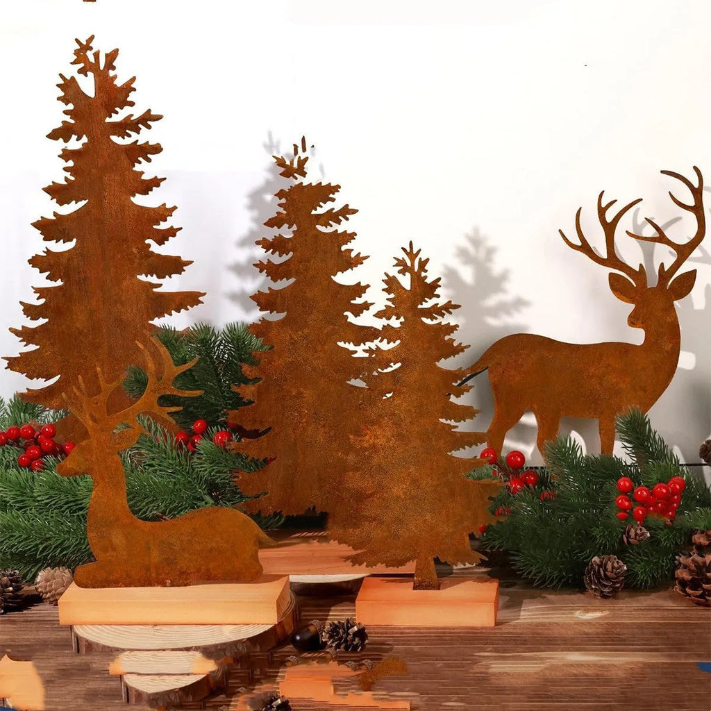Three rustic iron metal Christmas tree decorations with elk silhouettes and weathered finish
