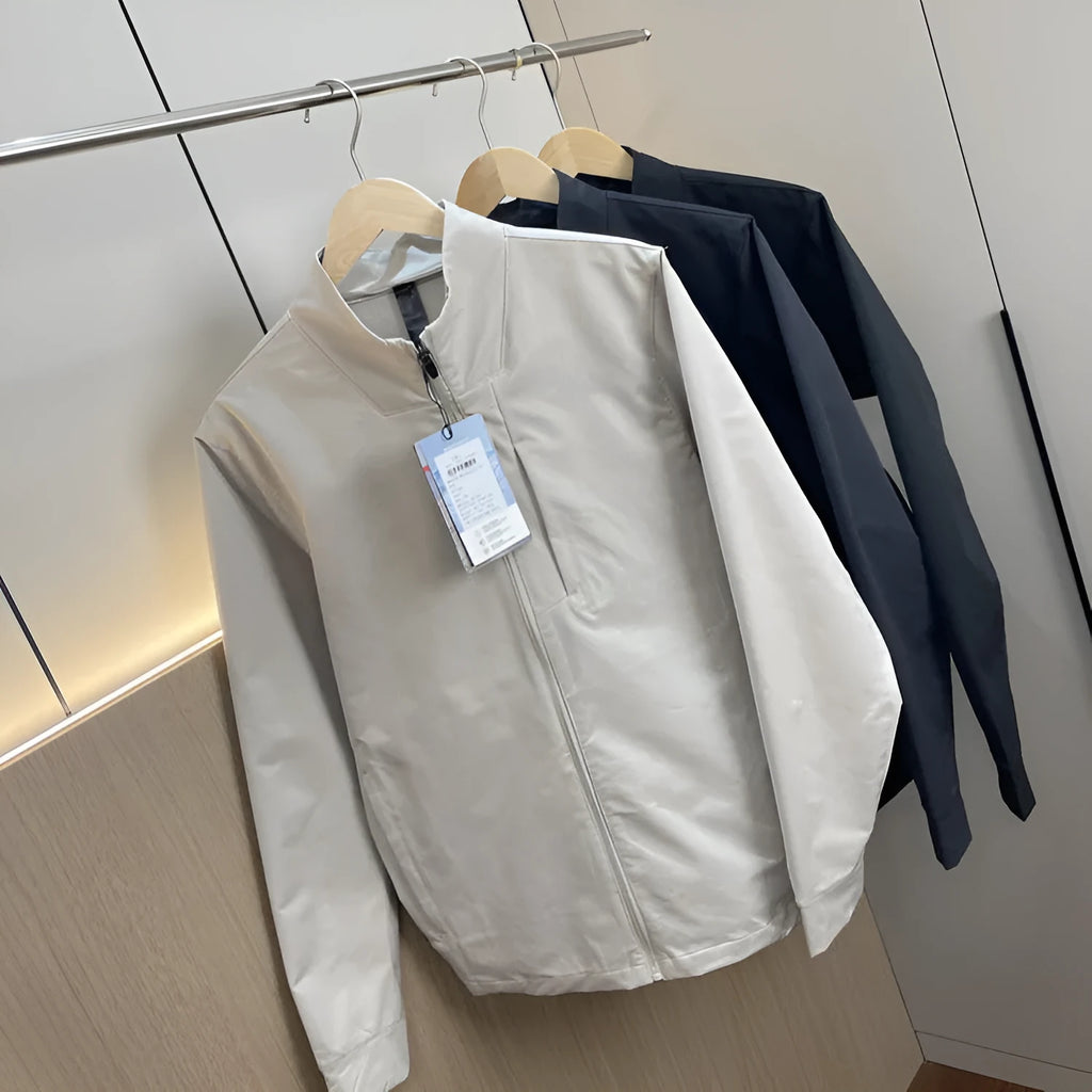 Men's stand collar casual jacket in polyester, shown in black, dark blue, and beige.
