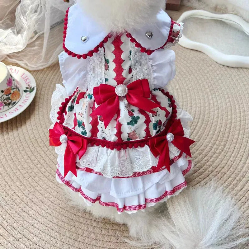 Princess style rabbit skirt dog dress in polyester on a small dog mannequin, showing the flared skirt design.