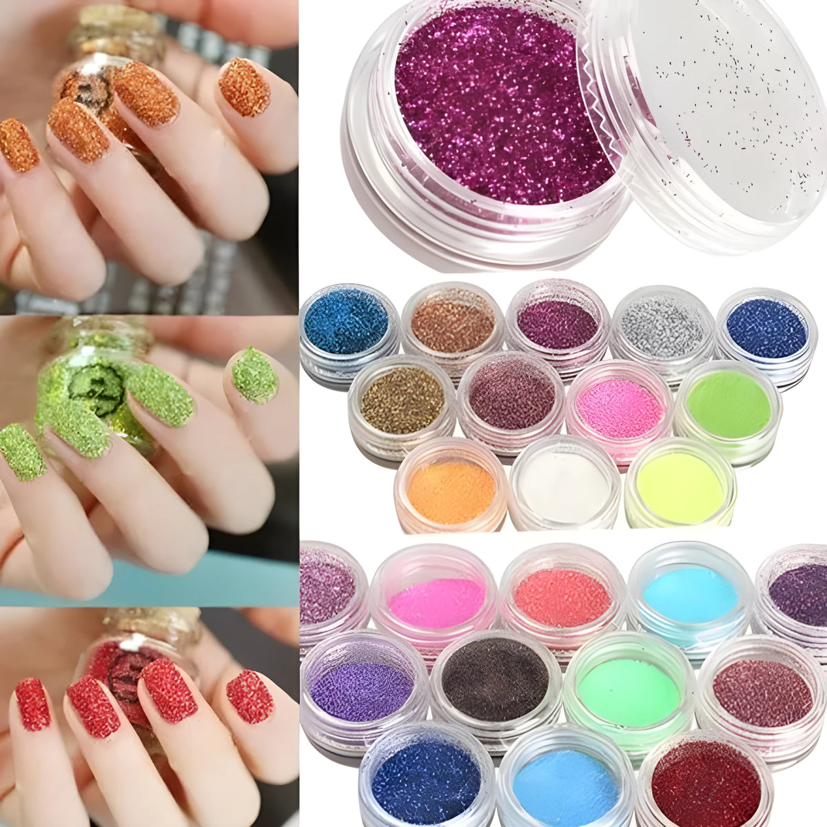 24 colour 3D nail art glitter decoration set in compact case with 128.5g total weight