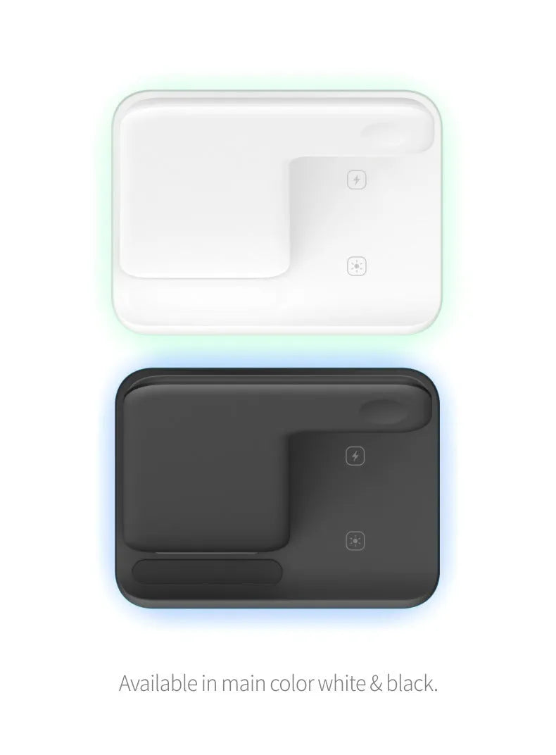 White three-in-one wireless charging stand for mobile phone smartwatch and headset on desktop