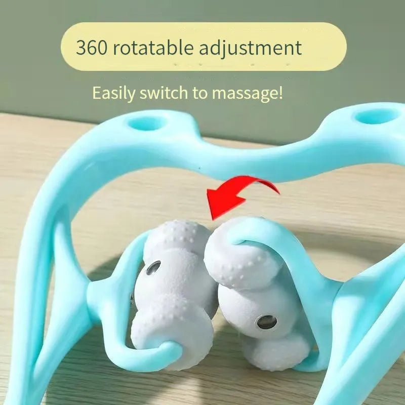 Blue handheld neck massager with 96 pressure point rollers showing 360-degree rotation mechanism