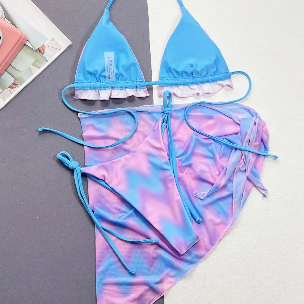 Women's split tie-dye swimsuit bikini set with skirt and bra components
