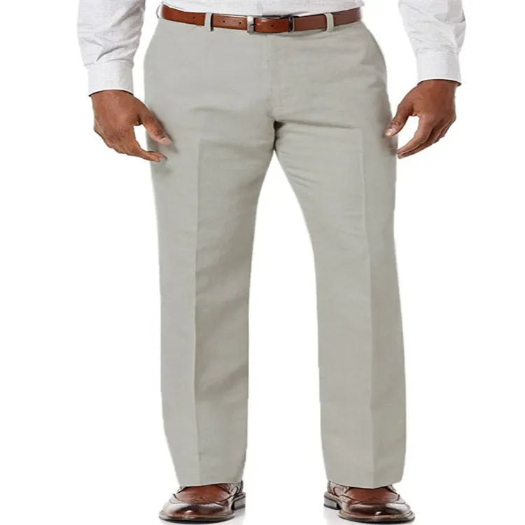 Men's solid colour linen blend trousers with slant pockets laid flat, showing beige white colour option.