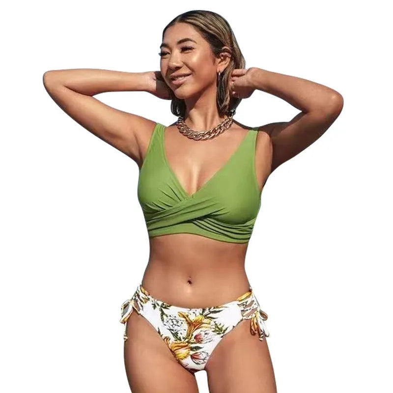 Yellow green women's halter bikini with lace-up front and matching briefs on a mannequin.