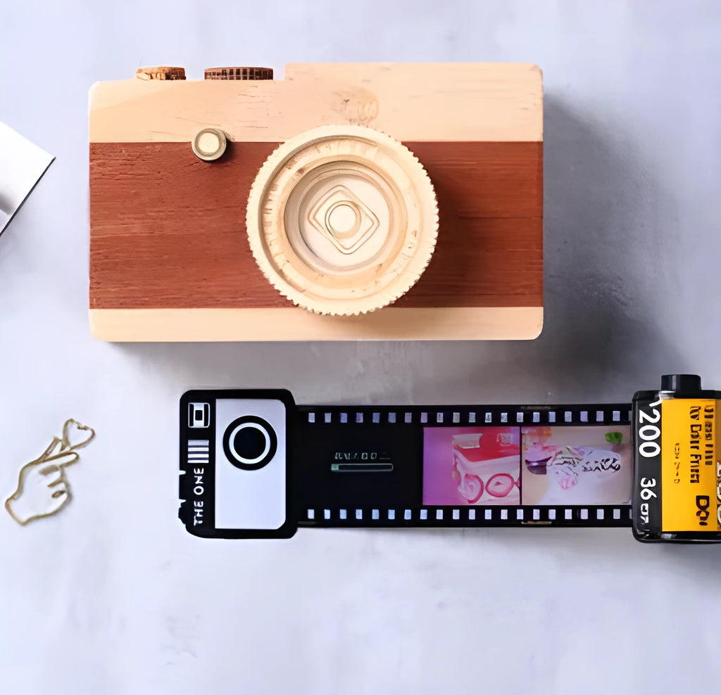 Memory colour film album storage set with wooden boxes in Kodak yellow, matching tote bag, and gift items