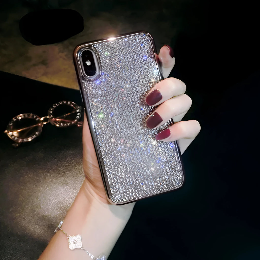 Silver full diamond silicone phone case with crystal rhinestones for iPhone models