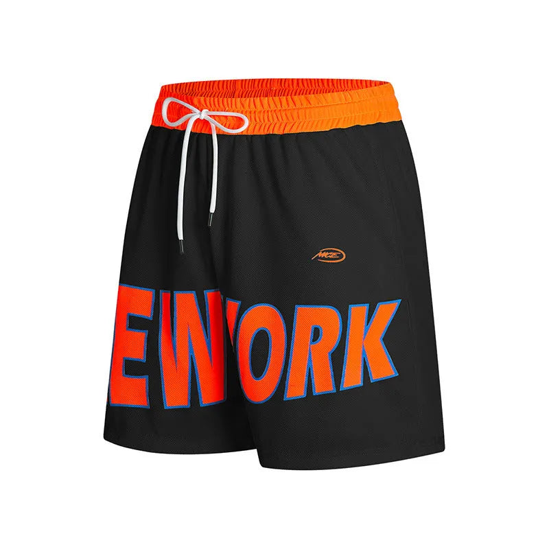 Korean style straight-leg men's shorts with printed letter design in black colour.
