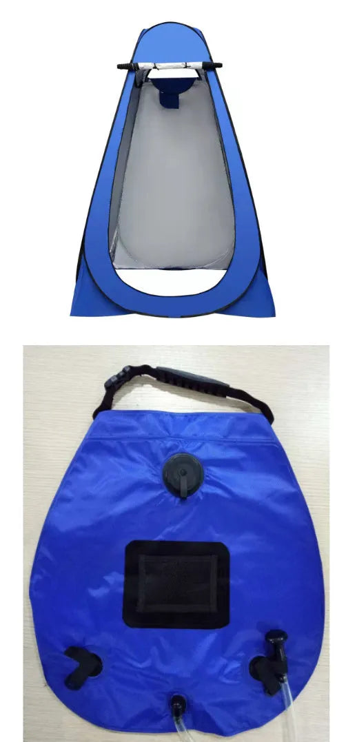 Blue and silver fast-opening camping changing tent set up outdoors with two windows.
