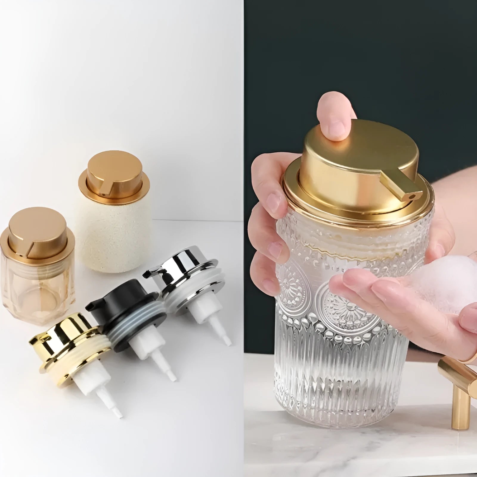ABS plastic facial cleanser foam pump with large head in a metallic finish