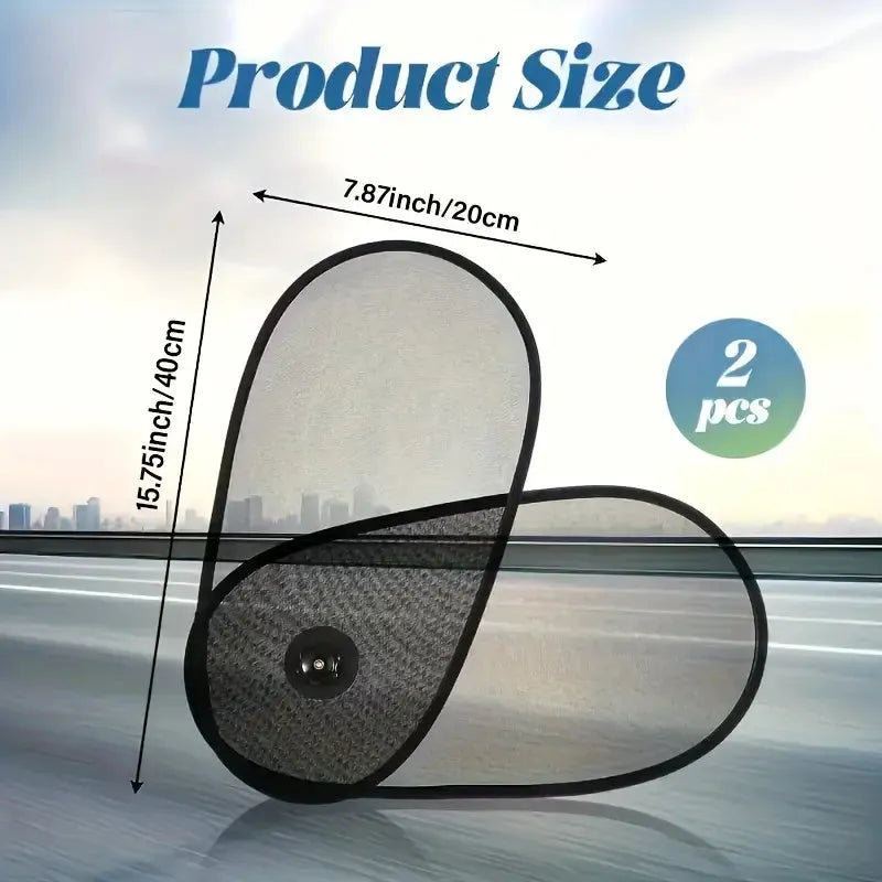 Black stretchy car side window shade with suction cups installed on a car window.