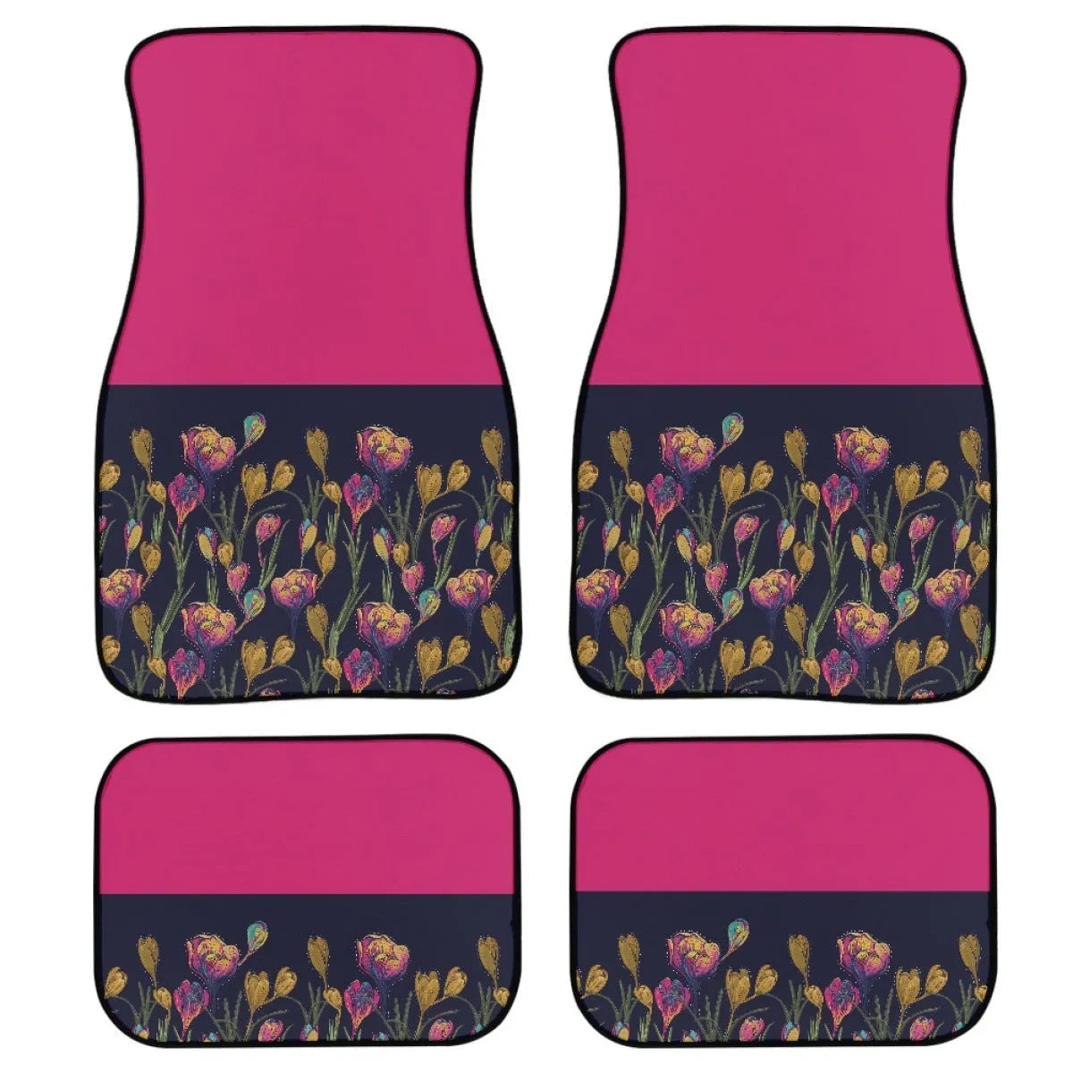 Set of four black printed rubber car floor mats with textured surface, showing thickness.