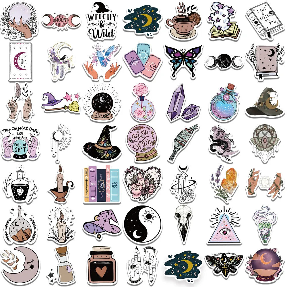 Bohemian wizard graffiti stickers 50-pack on PVC matte film showing three retro designs 5-7cm each