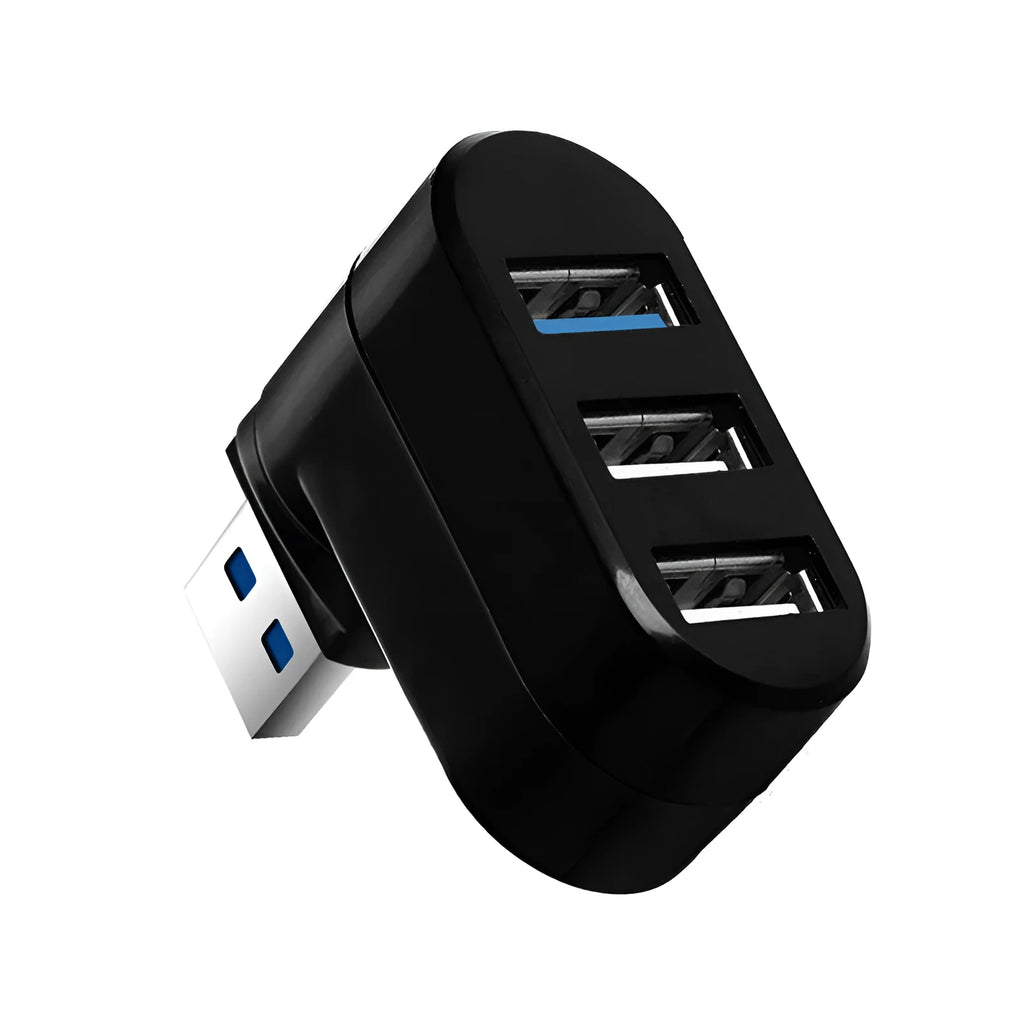 Black and white USB rotary splitter hub with four ports on a blister card.