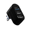Black and white USB rotary splitter hub with four ports on a blister card.