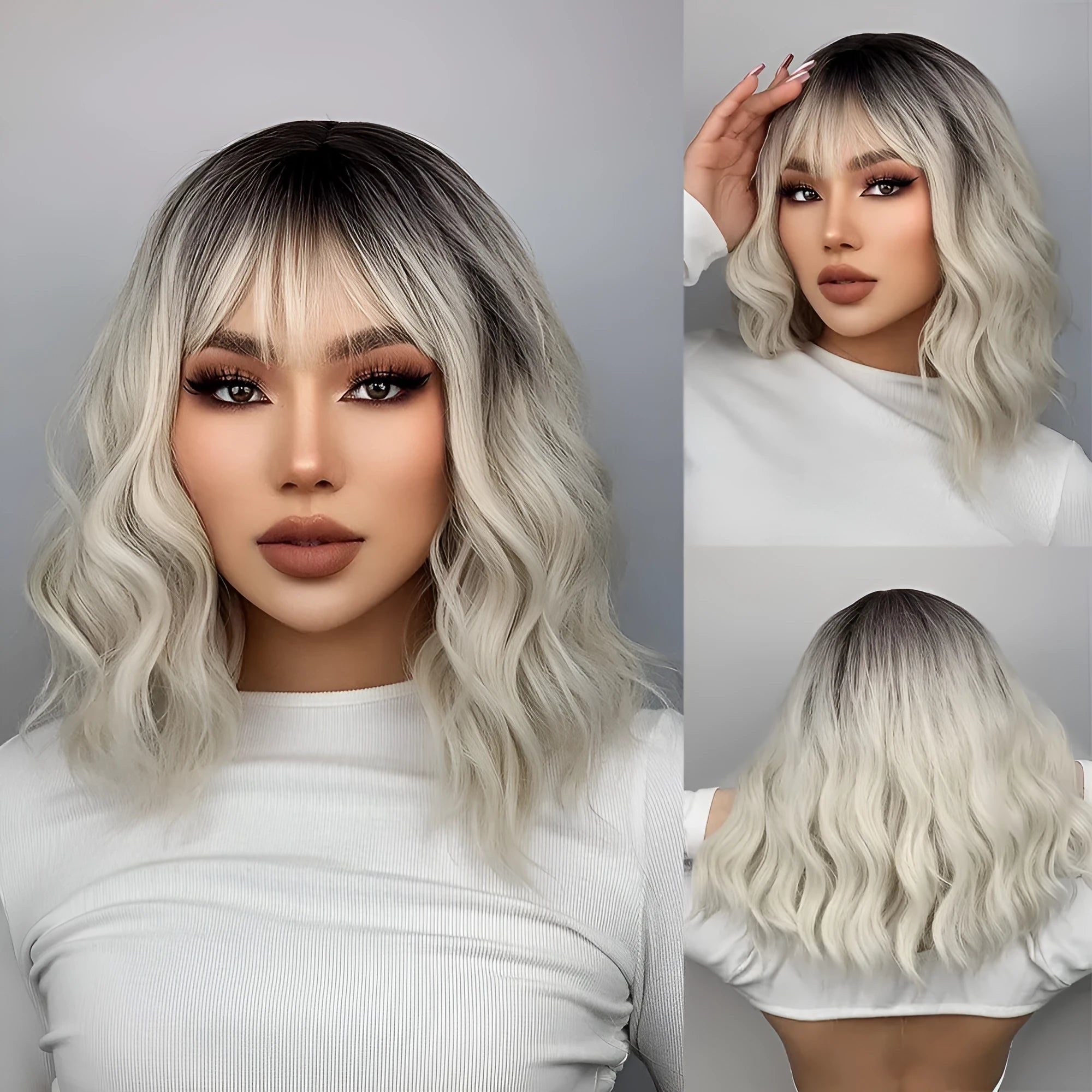 Women's short hair wig in ethnic style with oblique bangs, made from high temperature silk in image colour