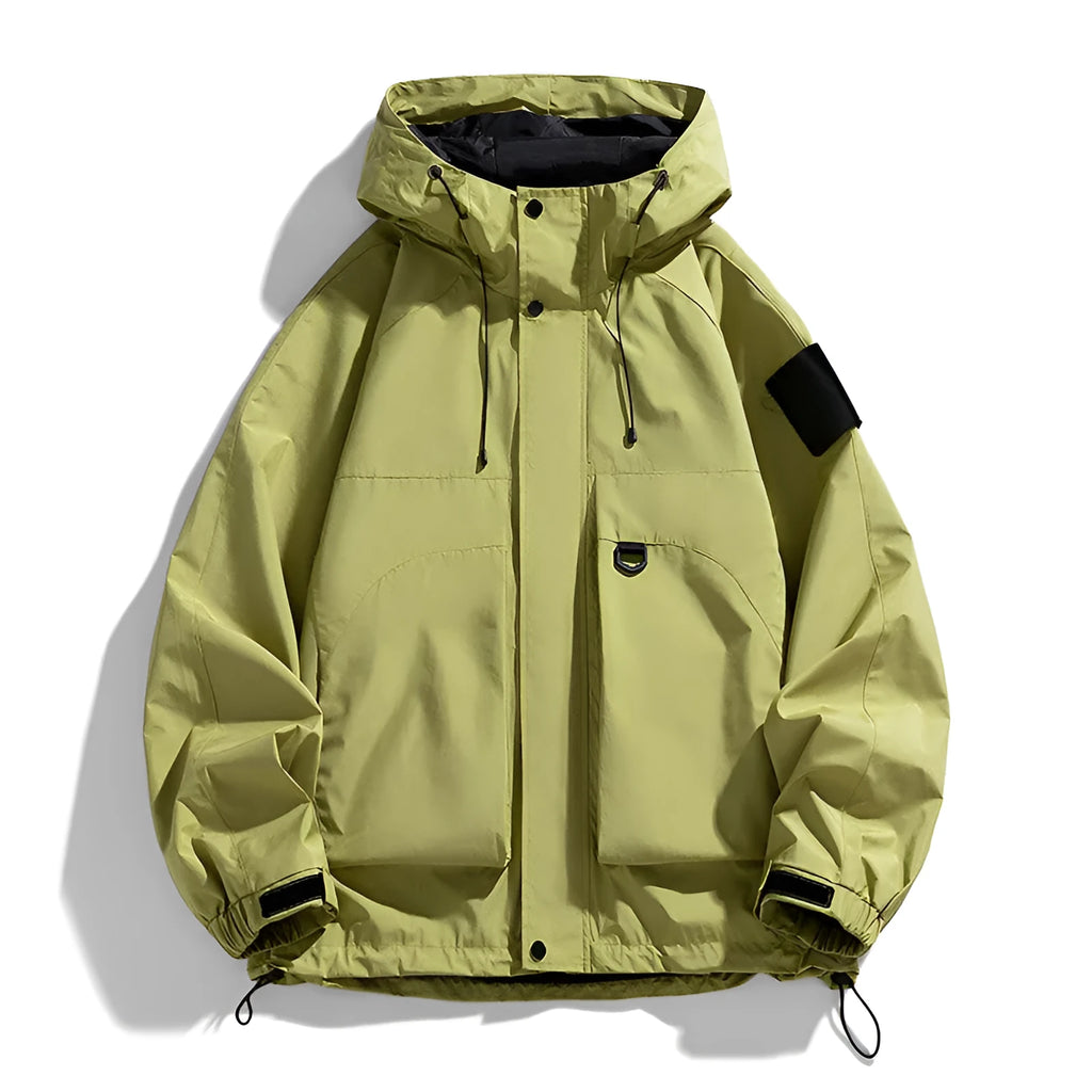 Men's black waterproof windproof hooded jacket on a hanger, showing long sleeves and regular length.