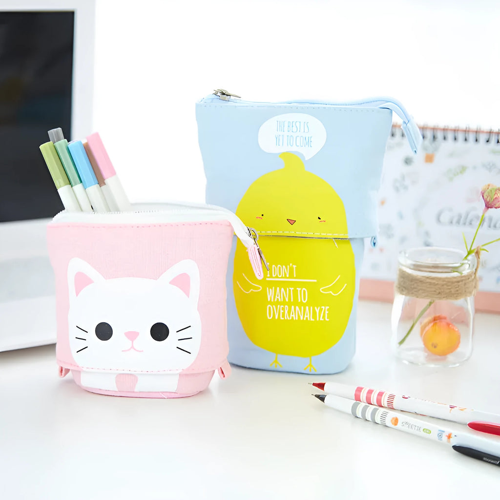 Round Korean-style canvas pencil case with cartoon animal prints measuring 19x7.5x12.5cm