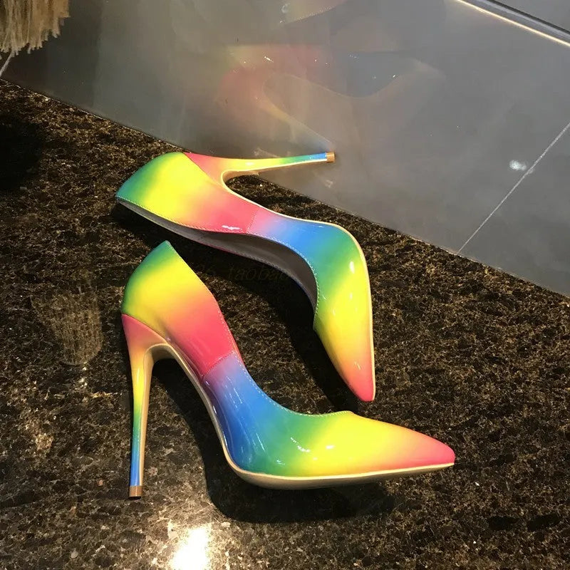 Rainbow patent leather women's high heel shoe with pointed toe and thin stiletto heel