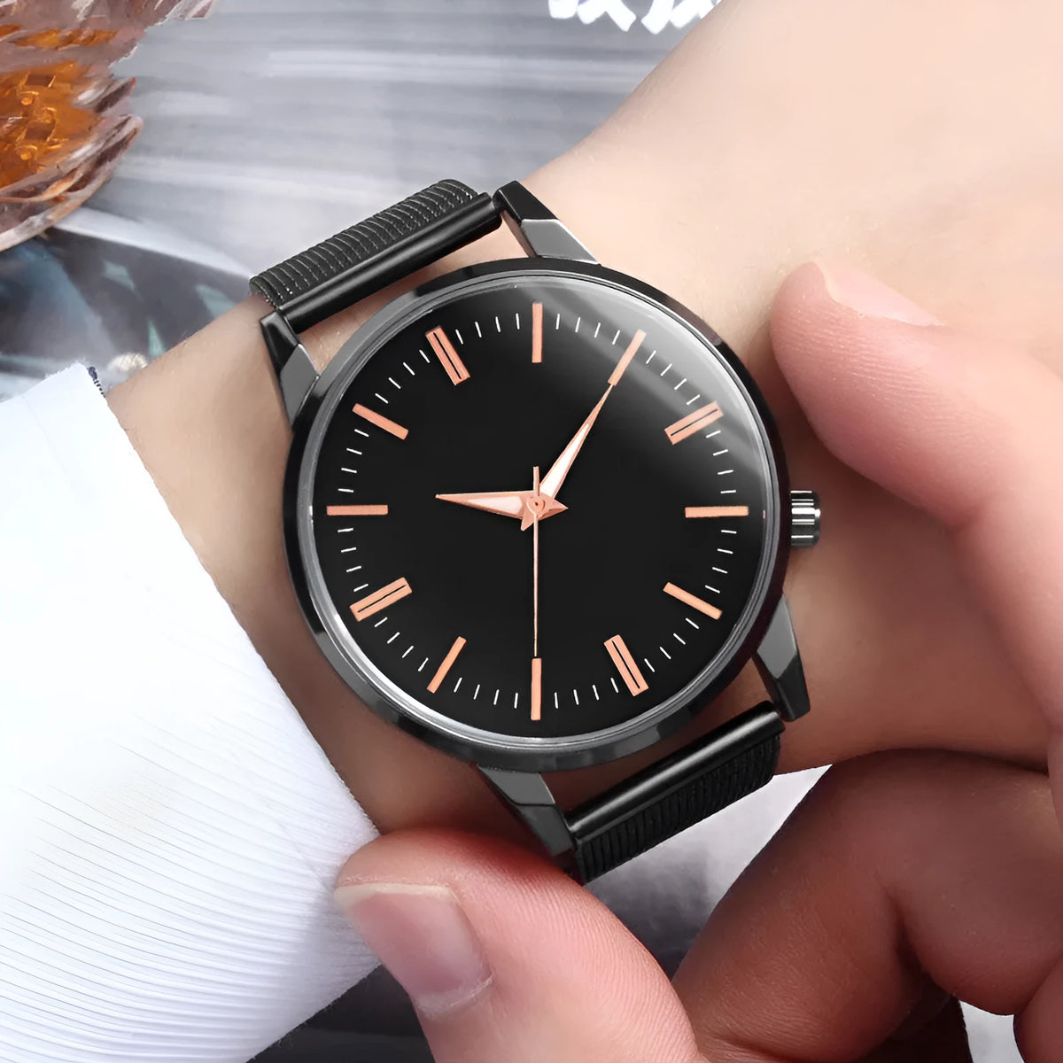 Luxury couple watch set with metal mesh band, blue dial, luminous display, and alloy case