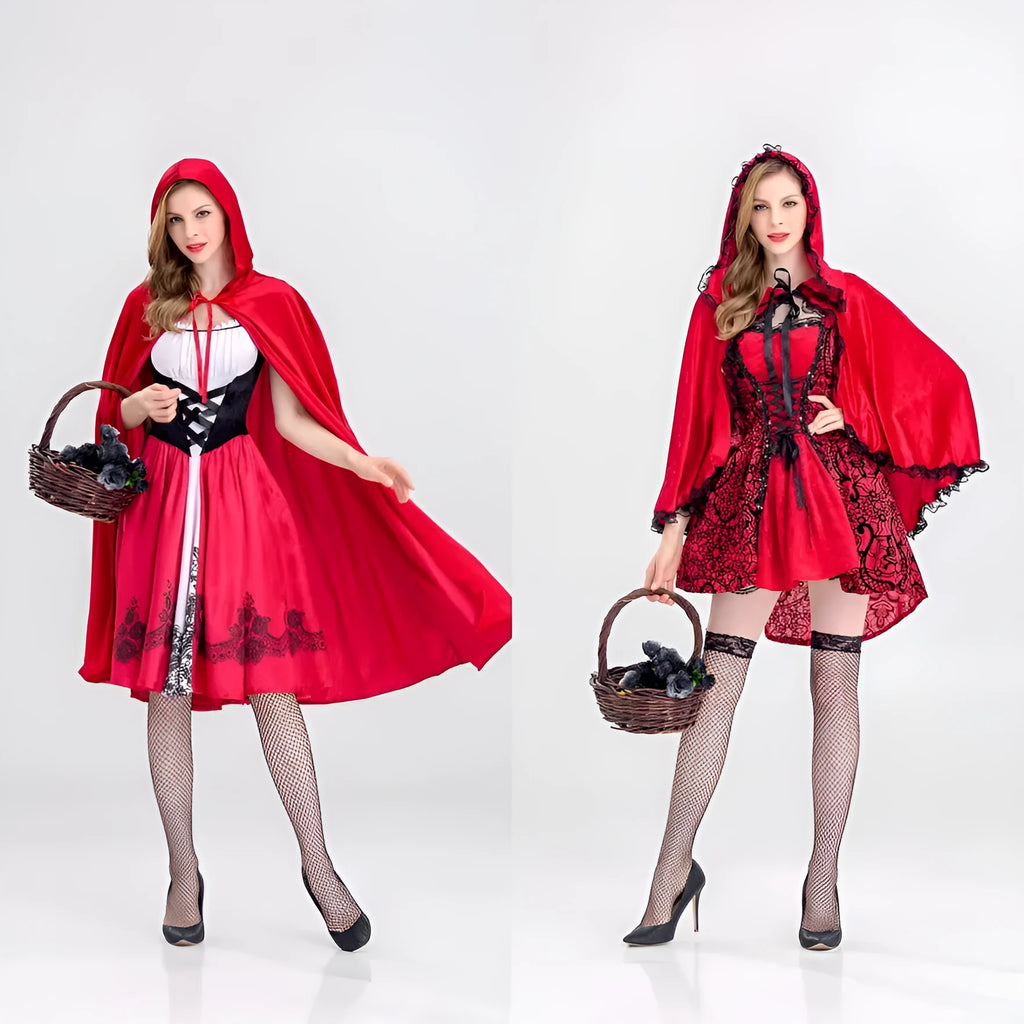 Women's Little Red Riding Hood ball costume set with dress, shawl, and gloves in polyester, available in sizes S to 4XL