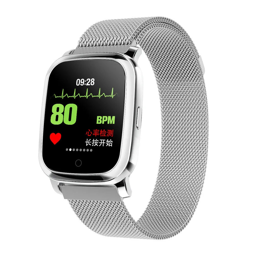 Smart pedometer watch with temperature measurement on wrist, showing 1.3 inch screen and black or silver colour options