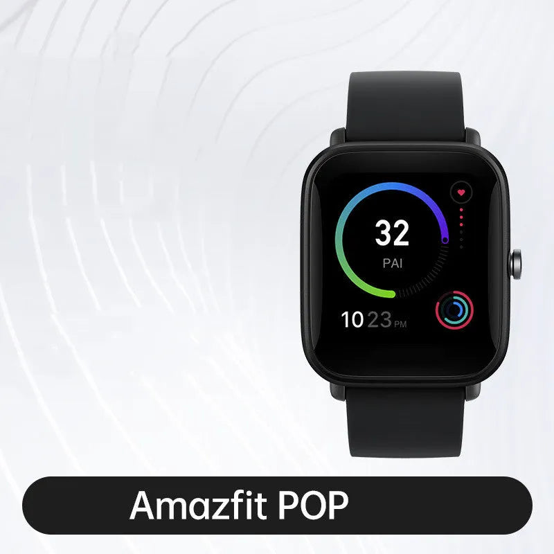 Amazfit Pop Pro smartwatch with colour screen and silicone strap, showing GPS and waterproof features