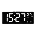 Electronic alarm clock with large LED screen showing time and temperature, in acrylic casing.
